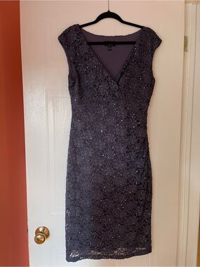 connected apparel Dark Purple Lace V-Neck Midi Dress